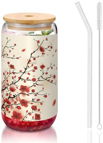 MDATT Verres à eau japonais avec couvercles et pailles, motif floral prune printanière, pour jus, bière, café, thé - 473 ml