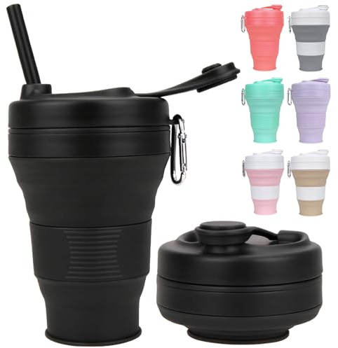 MORAINJAY Taza de café plegable con tapas, 600 ml, de silicona negra, portátil, reutilizable, taza de café plegable para camping, viaje, cabe en tu bolsillo (se pliega a 7 cm)