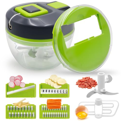 Zwiebelschneider 6-in-1 Manuell mit Seilzug – Multifunktions-Gemüseschneider, Universalhacker für Babynahrung, Kartoffeln, Zwiebeln, Knoblauch, Gemüse & Obst (Multizerkleinerer, Blitzhacker)