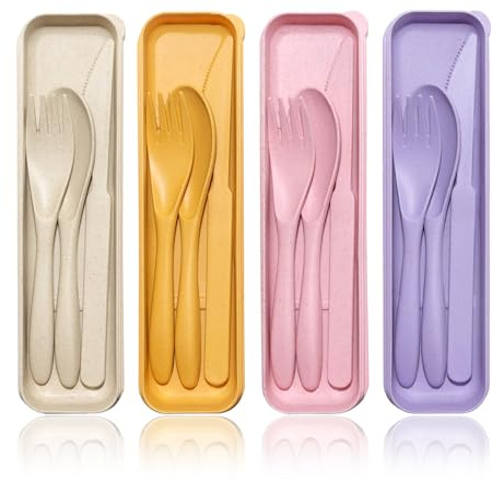 4 Plastik Besteck Set Mehrweg Reisebesteck mit Etui Löffel Messer Gabel | Camping Besteck für Lunchbox, Picknick, Schule und Büro, Tragbares Kunststoff-Besteckset für Reisen und Alltag