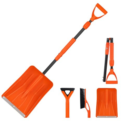 3-IN-1 Foldable Snow Shovel Kit, with Snow Brush and Ice Scraper, 127cm Snow Scraper with Telescopic Rod, Ideal for Clearing Snow From Driveways, Pavements, Car Roofs,Orange