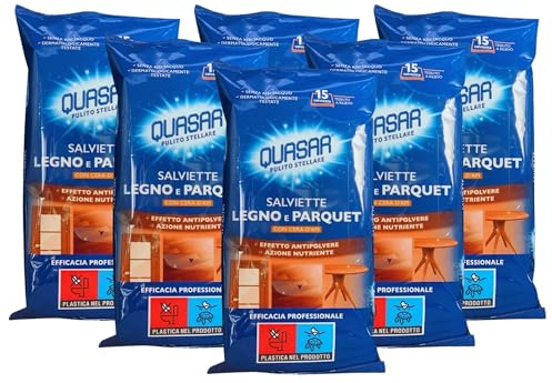 Quasar Confezione Da 15 Salviette LEGNO E PARQUET Con Cera D'Api. Effetto Antipolvere, Azione Nutriente, Detergono Le Piccole e Grandi Superfici In Legno (6 Confezioni)