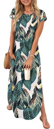 PLOKNRD Summer T-Shirt Maxi Dresses Pockets Women Round Neck Curved Slit | Casual Long Dress UK Short Sleeve Sundress Loose Straight Solid Color Boho Flower Leopard Print