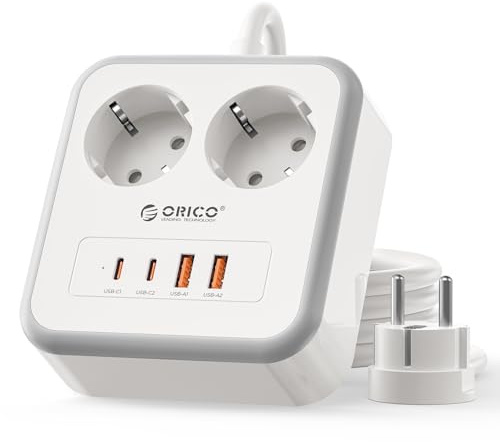 ORICO Multiprise Cube 6‑en‑1, Charge Rapide PD 20W, Câble 1,5m | 2 Prises et 4 Ports USB(2 USB-C + 2 USB-A), 2500W, pour Bureau et Maison, Blanc
