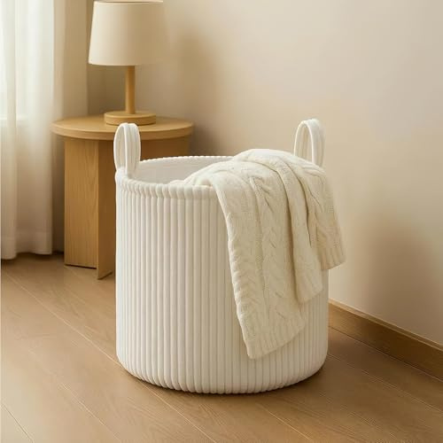 lelewangluo Blanket Basket, Laundry Basket for Organising Clothes, Large Round Storage for Living Room Nursery Bedroom (white)