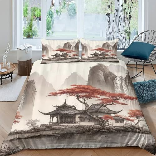 Easy Care 3D Microfiber traditional pavilion Bed Quilt Cover Soft Bedding Sets with Matching Pillowcase Chinese ink paint Duvet Cover Set All Season Machine Washable for Home Decor King（220x240cm）