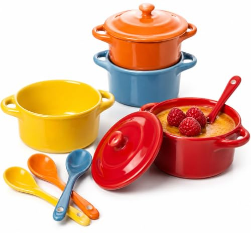 Mispudin 4Pcs Mini Casserole Dishes with Lids, 175ml 10cm Ceramic Ramekins | Oven-Proof Ceramic, with Handles & Spoons, Individual Portions, for Creme Brulee, Lasagna, Soufflé, Soup, Baking, 4 Colors