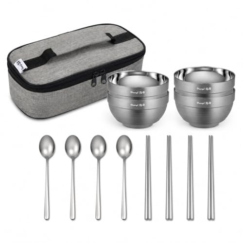 SiaBiced Ensemble Vaisselle Portable en Acier Inoxydable 304 Mat – réutilisable avec Couverts pour Enfants et Adultes, Ensemble de 4 pièces pour Enfants (modèle A)