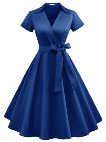 Timormode klänning 50-tal Audrey Hepburn Rockabilly Swing, veckad kortärmad klänning, Färg: blå, S