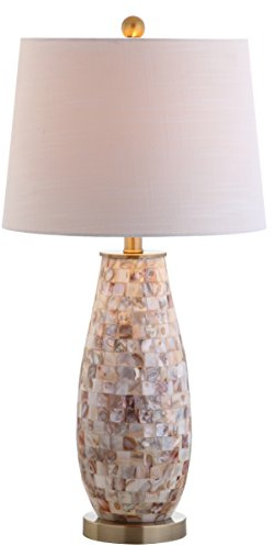 JONATHAN Y 28 Natural Mosaic Seashell Table Lamp, Coastal Contemporary Resin Lamp for Living Room Bedroom, White Linen Shade, Brass Gold Accents, LED Bulb Included JYL4005A