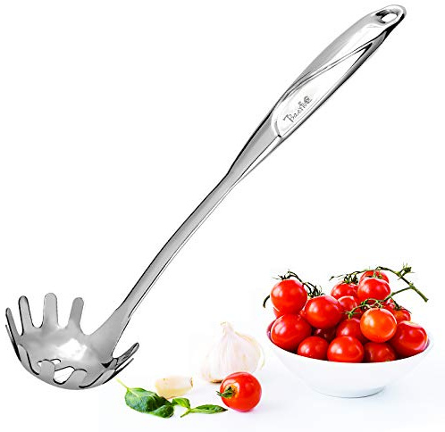BAERFO Kitchen 304 Stainless Steel Spaghetti Server – 12 Pasta Fork with Draining Holes & Anti-Slip Teeth – Rust-Resistant Noodle Ladle – Dishwasher Safe Kitchen Utensil for Everyday Use