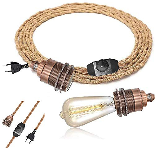 Kit lampada a sospensione in corda di canapa, stile vintage, con interruttore, fai da te, lampada a sospensione a testa singola, cavo E27, cavo in tessuto, illuminazione per camera da letto