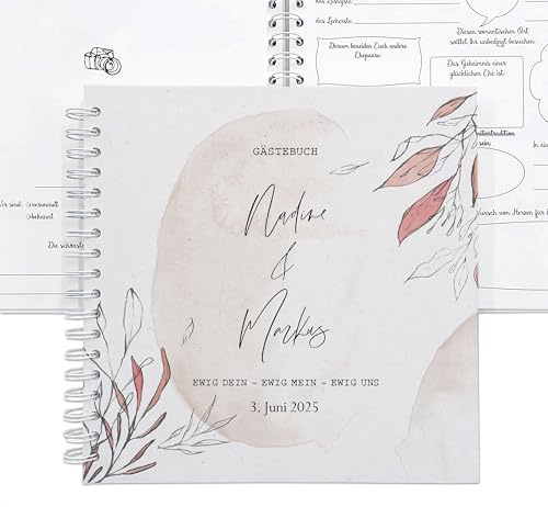 Gästebuch Hochzeit mit Vordruck Fragen zum Ausfüllen, Witziges Gästebuch personalisiert mit Namen des Brautpaares, Ringbuch 25x25 cm mit Spiralbindung, Feenstaub
