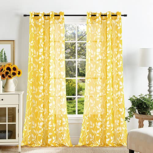 XTMYI Yellow Sheer Pattern Curtains for Living Room 84 Inches Long,Spring Decor Lightweight Leaf Floral Printed Curtains for Bedroom Dining Room 84 Inch Length 2 Panels Set,Mustard Yellow and White