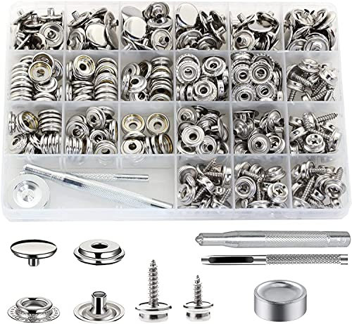 350 Stück Snap-Set, BetterJonny Edelstahlschrauben Druckknöpfe Marinequalität Leinwand Polsterung Boot Druckknöpfe mit 3 Einstellwerkzeugen Material Locher für DIY Abdeckung Leder