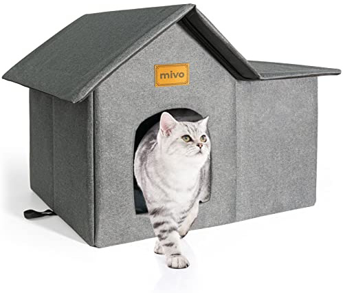 mivo Outdoor Cat House, Weatherproof Cat Houses for Outdoor/Indoor Cats, Collapsible Warm Feral Cat Shelter with Removable Soft Mat, Easy to Assemble Big Cat Bed for Winter