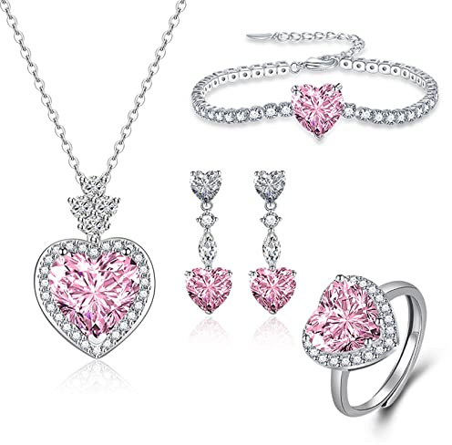 Wycian Schmuckset Herz Silber, Halskette Ohrringe Set Schmuckset Zirkonia Herz Schmuckset 4 Teilig Armband Halskette mit Ohringe und Ring