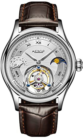 Aesop Moon Phase GMT Tourbillon Men Watches Mechanical Tourbillon Hand Wind Movement Men Wristwatches Sapphire Waterproof Luxury Business Watch for Men 7027(Silver with White)