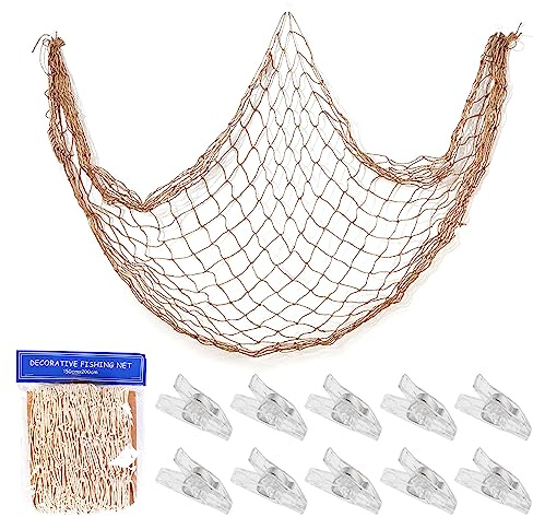 Medelhavet fisknät 1,5 x 2 m med 10 genomskinliga plastklämmor - naturlig väggdekoration för fest och fotografering