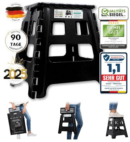VERGLEICHSSIEGER - Alason® Tritthocker Klappbar 39cm, Belastbar bis 200kg – Mit Aufhängehaken & Aufbewahrungstasche – Platzsparender, Faltbarer Hocker in Anthrazit/Schwarz für Zuhause, Küche & Bad