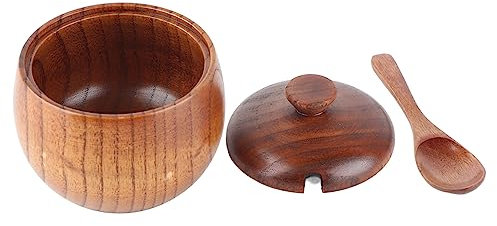 sucrier en bois + 1Pc Pot à épices En Bois Massif Pot D'ass onnement Sucrier En Bois Avec Cuillère Et Couvercle Pour Outil De Cuisine