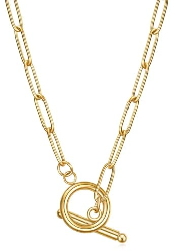 Mia Ishaaq 18K Gold Plated T-Bar Fastening Link Chain Necklace, Stainless Steel, 44.5cm Length, Versatile Design, Water-Resistant, Elegant Jewellery for Women, Perfect Accessory for Layering