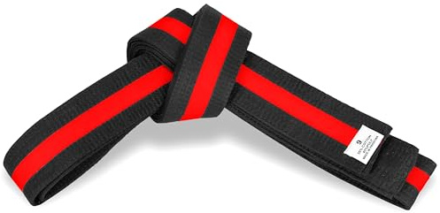 MACS Martial Arts 1.75 Wide Karate/Taekwondo Double Wrap Black Belts with Color Stripe (Black With Red Stripe, 8 (136))