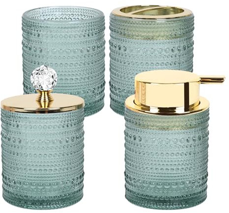 FEILANDUO Set di accessori da bagno, 4 accessori da bagno in vetro, decorazione per il bagno, dispenser di sapone, portaspazzolino, barattolo da farmacia, regalo per appartamento domestico (rosa)