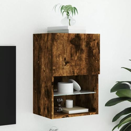 THOYTOUI TV-Schrank, Vitrinenschrank Dekorativer Schrank TV unterschrank TV Schrank Geeignet für Schlafzimmer Wohnbereich Büro Hotel mit LED-Leuchten Räuchereiche 40.5x30x60 cm