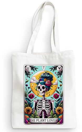 Funny Plant Lady Skeleton Tarot Card Canvas Tote Bag Sarcastic Skull Gothic Shopping Bags Witch Stuff Goth Witchy Gifts for Women Girls Bestie Reusable Grocery Bags for Halloween Boss Day Christmas