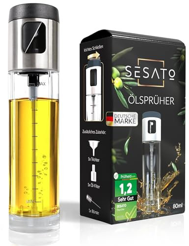 SESATO® Ölsprüher – hygienisch verschließbar | verstärkte Öl Sprühflasche, rundum massives Glas & Edelstahl | Sprüher für alle Speiseöl, Olivenöl- und Essigsorten