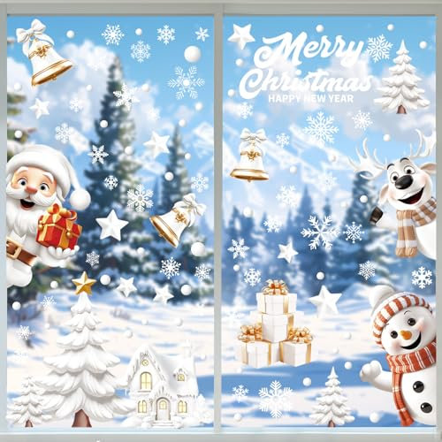 BOLWEO Fensterbilder Weihnachten Selbstklebend, 146pcs 9 Blatt Weihnachten Fenster Cling, 3D Wiederverwendbare Doppelseitige Fenster Abziehbilder Static Aufkleber für Weihnachten Fensteraufkleber Deko