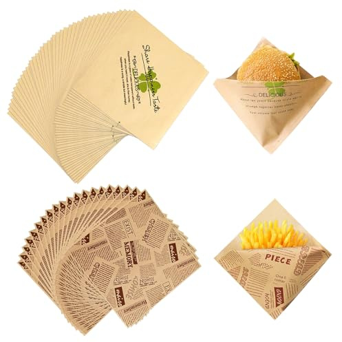 RAFIYU 200 Pièces Papier Emballage Alimentaire, 15 x 15 cm Sacs à Goûter, Sacs à Sandwich, Papier Journal Alimentaire, Papier Anti Graisse Alimentaire pour Burgers, Sandwichs, Frites et Snacks