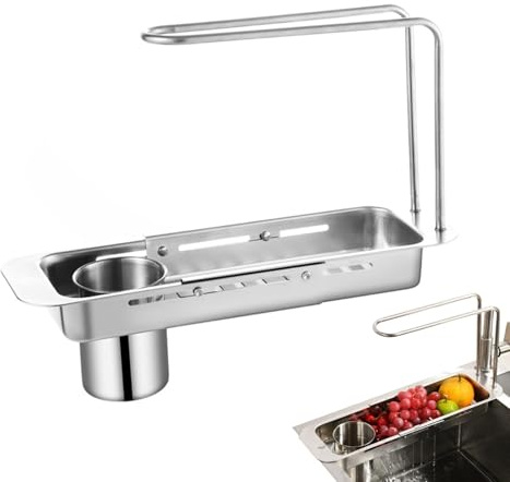 Teleskop-Ablaufregal Für Spülbecken - Teleskop Spülbecken Organizer - Multifunktionale Küchenspüle Organizer Mit Handtuchhalter, Edelstahl Spülbeckenregal Schwammhalter Küche Abflussregal,Silber