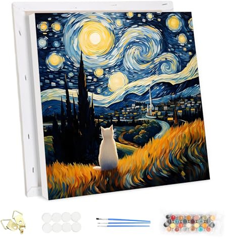 MEIYUDA Pintar por Numeros Adultos con Marco Van Gogh Noche Estrellada Gato, DIY Pintura por Numeros Kit Manualidades Adultos, Pigmento Acrílico, Decoración para el Hogar Regalo de pared 30x30cm