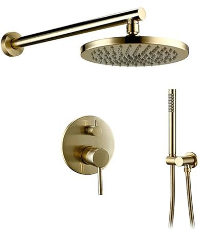 Juego de Grifo de ducha de baño negro, cabezal de ducha de lluvia de montaje en pared, desviador de frío y caliente, mezclador de bañera de bronce con ducha de mano(Gold,12 inch thick)
