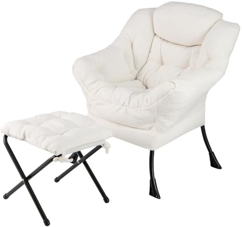 Fantask-fåtölj med pall, relaxfåtölj med armstöd, relaxfåtölj och liggor, sidoficka och fotstöd, loungefåtölj, TV-fåtölj, vadderad öronfåtölj för vardagsrum, sovrum, kontor (beige)