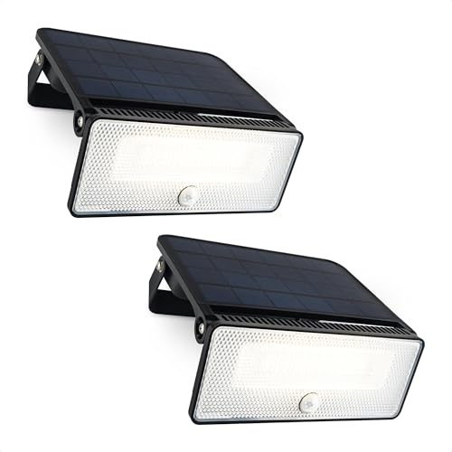 Brendz Paso Lampada da Esterno Solare con Rilevatore di Movimento, 1600 lumen, IP54 Impermeabile, 3 Modalità di Luce, 2 Pezzi, Faretto Solare LED con Rilevatore di Movimento per Esterno, Paso