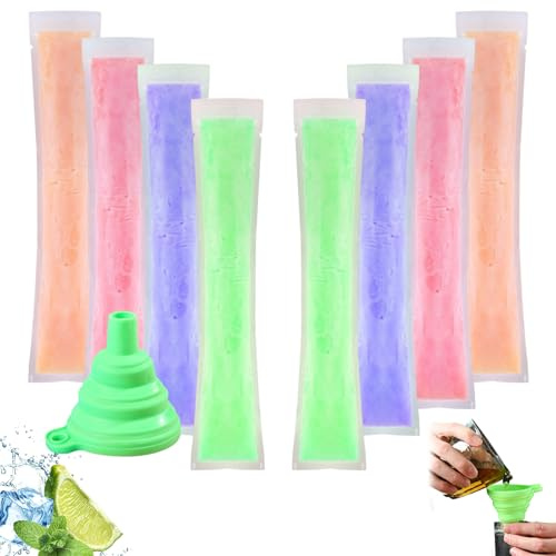 DERJDISF Wassereis Beutel 250 Stück Selbstverschließende Eisformen mit Trichter – Perfekt für selbstgemachte Eiscreme-Stiele, gesund und erfrischend – 28x5,5 cm, für Sommerpartys, Kinder und Erwachse
