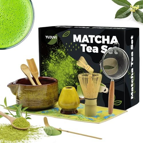 YUJUVI Té Matcha Kit de Ceremonia Japonesa Matcha Set 9 piezas Batidora de Matcha de Bambú, Cuenco de Matcha, Cuchara,Portacucharas, Kit de Ceremonia Matcha (Oro Mágico Kit)