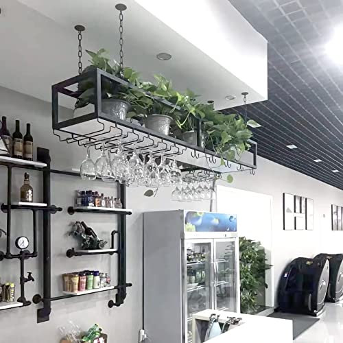 XCHSXYL Mensola da soffitto - Porta calici da Vino sospeso al soffitto, portavasi sospeso in Ferro battuto, portabottiglie in Legno massello da Parete, portabicchieri da Vino per Ristorante/Bar/Cuc