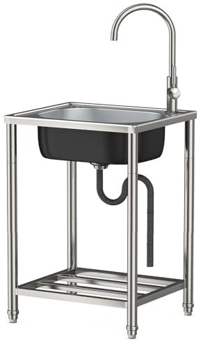 Commercial Stainless Steel Freestanding Single Bowl Utility Sink Unit with Tap for Outdoor Garden Kitchen Bar Square Design