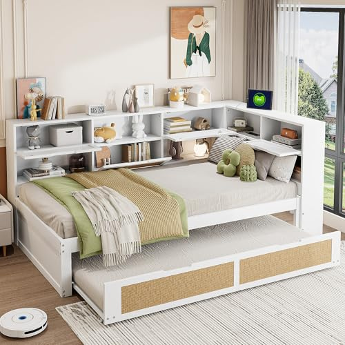 Kebnor Holz Schlafsofa mit Ausziehbett Multifunktionales Einzelbett Kinderbett mit vielen Staufächern und Ladeanschluss（Ohne Matratze） (Weiß（mit Ausziehbett）, 90 * 200cm)
