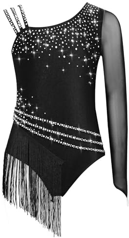 Yruioon Mädchen Turnanzug Glitzer Gymnastikanzug Strass Eine-Schulter Eiskunstlauf Body Overall mit Fransen Leotards Wettbewerb Tanzkostüm