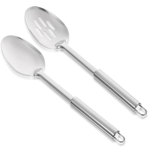 2Pcs Cooking Spoons Set Kitchen Solid Slotted Spoon Stainless Steel Serving Spoons Heat Resistant Handle Soup Ladle Kitchen Cooking Serving Utensils Large Basting Food Ladle for Home Restaurant