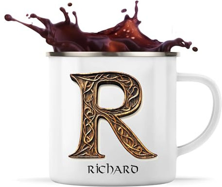 Planetee Tasse Métal Richard Lettre Viking | Mug Émaillé | Idée Cadeau Prénom Motard Jeux de Rôle Vidéo Anniversaire Oncle Parrain Beau Papa Collègue Départ Retraite Noël