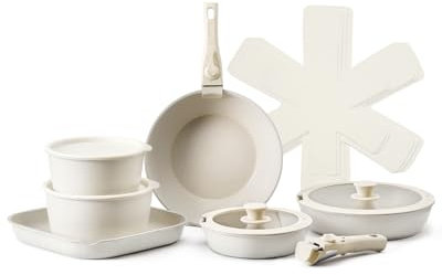 VEVOR Pentole e Padelle Antiaderenti, con Manico Staccabile, Set di Pentole a Induzione da Cucina per Camper, con Frittura, Coperchi in Vetro Temperato, Adatti Forno, Bianco 17 Pezzi