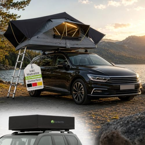 JUSKYS® Autodachzelt Lago 120 x 210 cm, LED & Matratze, Schwarz/Grau