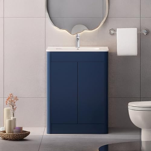 BELOFAY Vanity Unit with Basin | 600mm Floor Standing Bathroom Vanity Unit with Basin | Matt Blue | Push to Open Doors & DTC Soft Close Hinges with 1 Tap Hole Ceramic Basin & Waste (Edison Blue)
