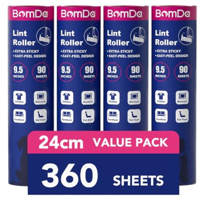 Rullo Adesivo XXL da 24cm Extra Appiccicoso - Con 360 Fogli per Abbigliamento, Divano, Letto e Tappeto (4 Ricariche(24CM))